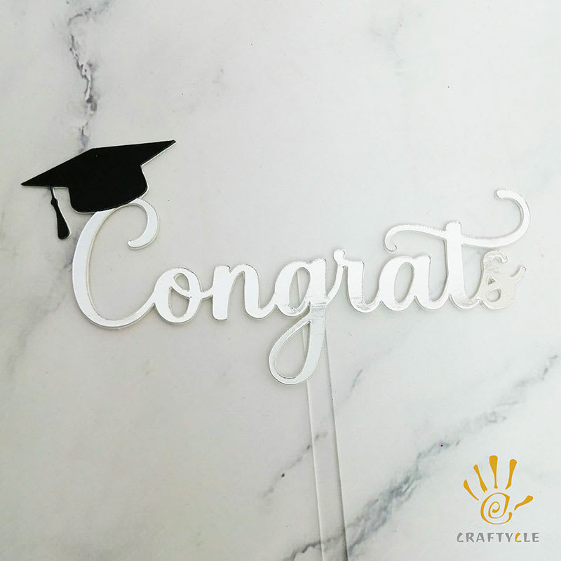 Cake Topper Congrats Graduation College University Mirror Silver Cake Topper