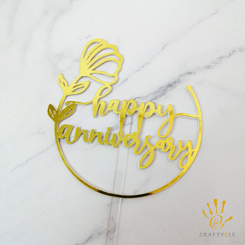 Cake Topper Happy Anniversary Mirror Gold Cake Topper - Craftycle