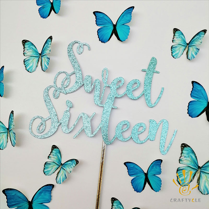 Cake Topper Sweet Sixteen Skyblue Butterflies Personalised Cake Topper