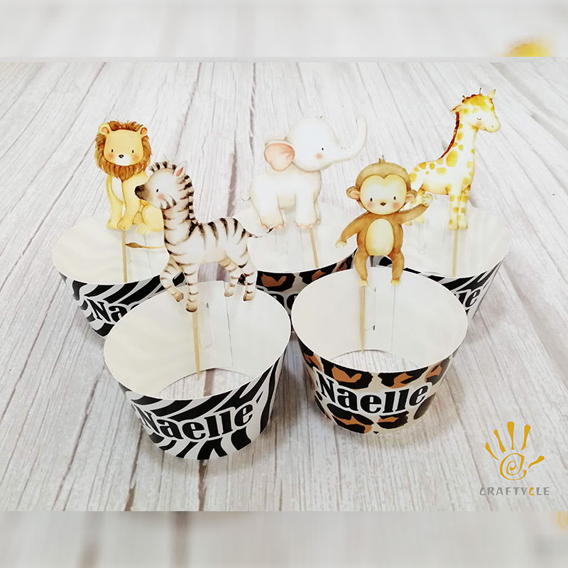 6 Sets Cupcake Toppers Personalised Safari Jungle First Birthday Party Decorations Cupcake Topper Wrapper Holder