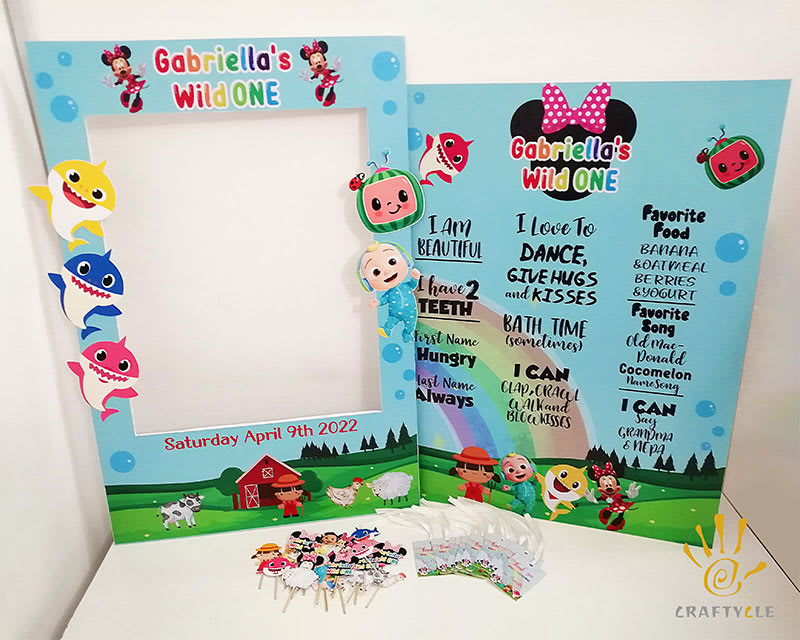 Package Personalised Minnie Babyshark Old Mac Donald Cocomelon Frame Milestone Cupcake Toppers Thank You Tags