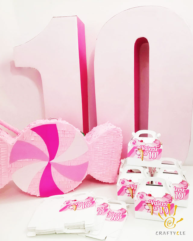 Package Candy Theme Personalised 10th Birthday Girl Pastel Pink Giant 3D 10 Gable Treat Boxes Pinata