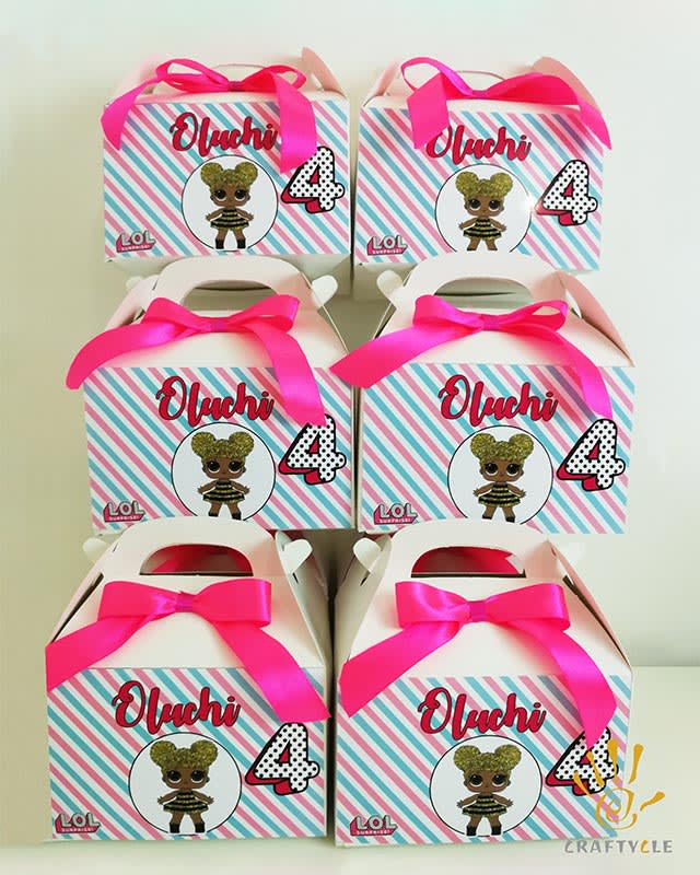 LOL Treat Boxes with Bow Ribbon, Party Food Pack, Favour Boxes Sticker Design