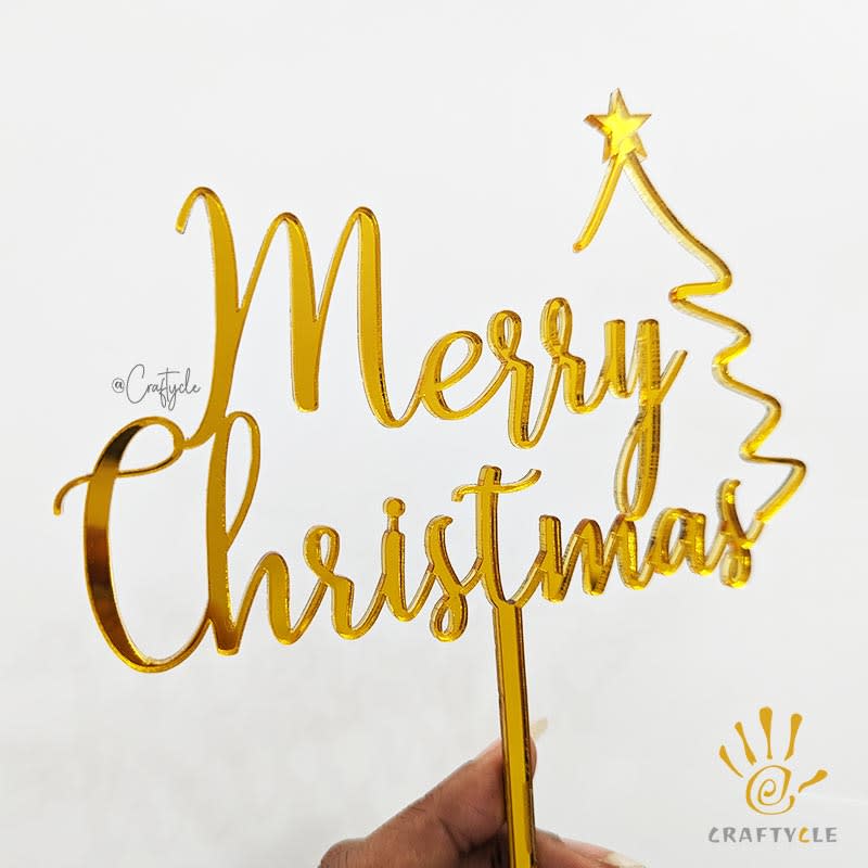Merry Christmas Acrylic Cake Topper Decorations Charm Mirror Gold