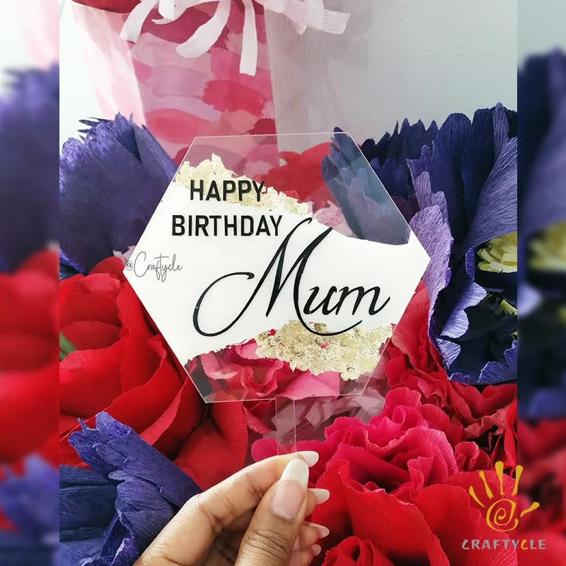 Hexagon Happy Birthday Mum Acrylic Topper Paint Gold Leaf