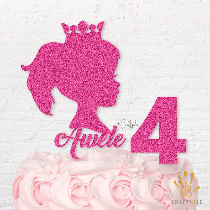 4 Four Girl Awele Crown Princess Glitter Birthday Cake Topper Pink Effect Glitters