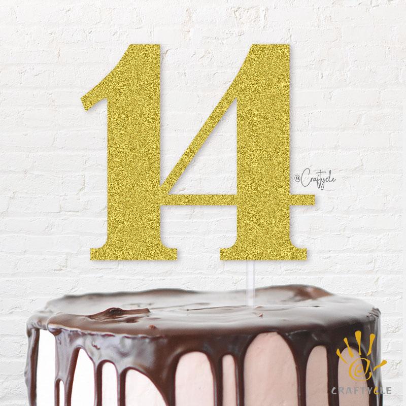 14 Fourteen Birthday Topper Caketopper Cake Hbd Gold Glitters Golden