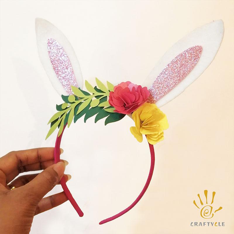 Party Hat Easter Bunny Head Band With Paper Flowers And Leaves