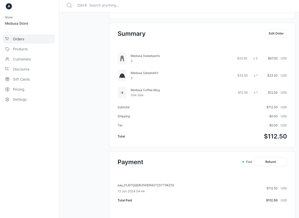 Capture payment in Medusa Dashboard