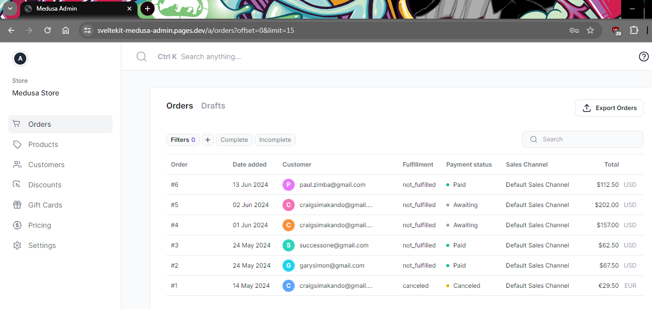 Medusa Admin Dashboard Logged In