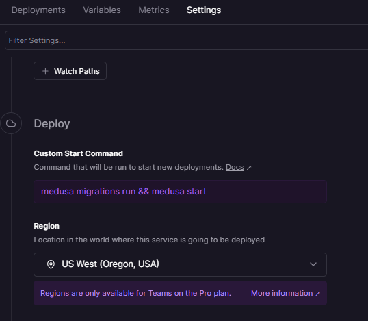 Change Start command in Railway