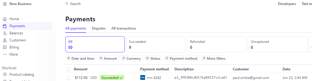 Successful payment in Stripe Dashboard