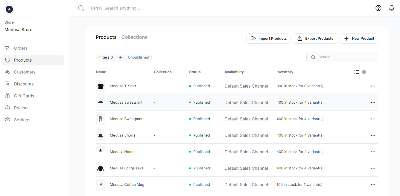 Medusa Admin Dashboard - Products Section