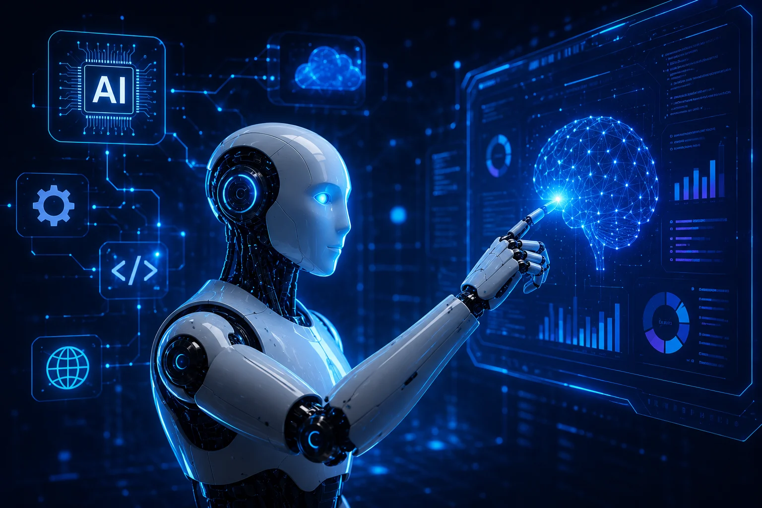 AI robot interacting with a neural network brain visualization and analytics dashboard