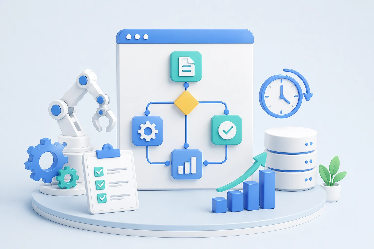 Business process automation 3D illustration: a workflow diagram with document, decision, settings, approval, and analytics steps, surrounded by a robotic arm, checklist, gears, growth chart, and server