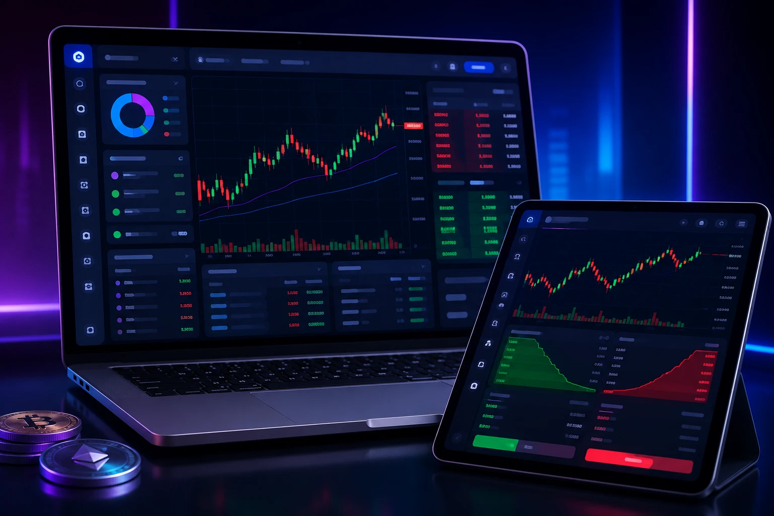 Centralized crypto exchange trading dashboard on a laptop and tablet with candlestick charts and order books