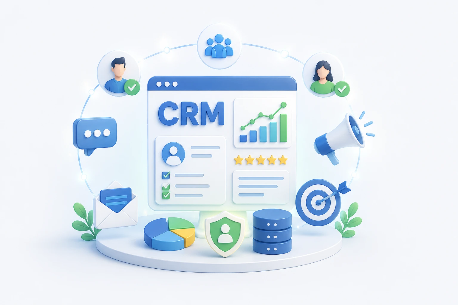 CRM dashboard surrounded by contacts, messaging, sales growth chart, reviews, and marketing icons