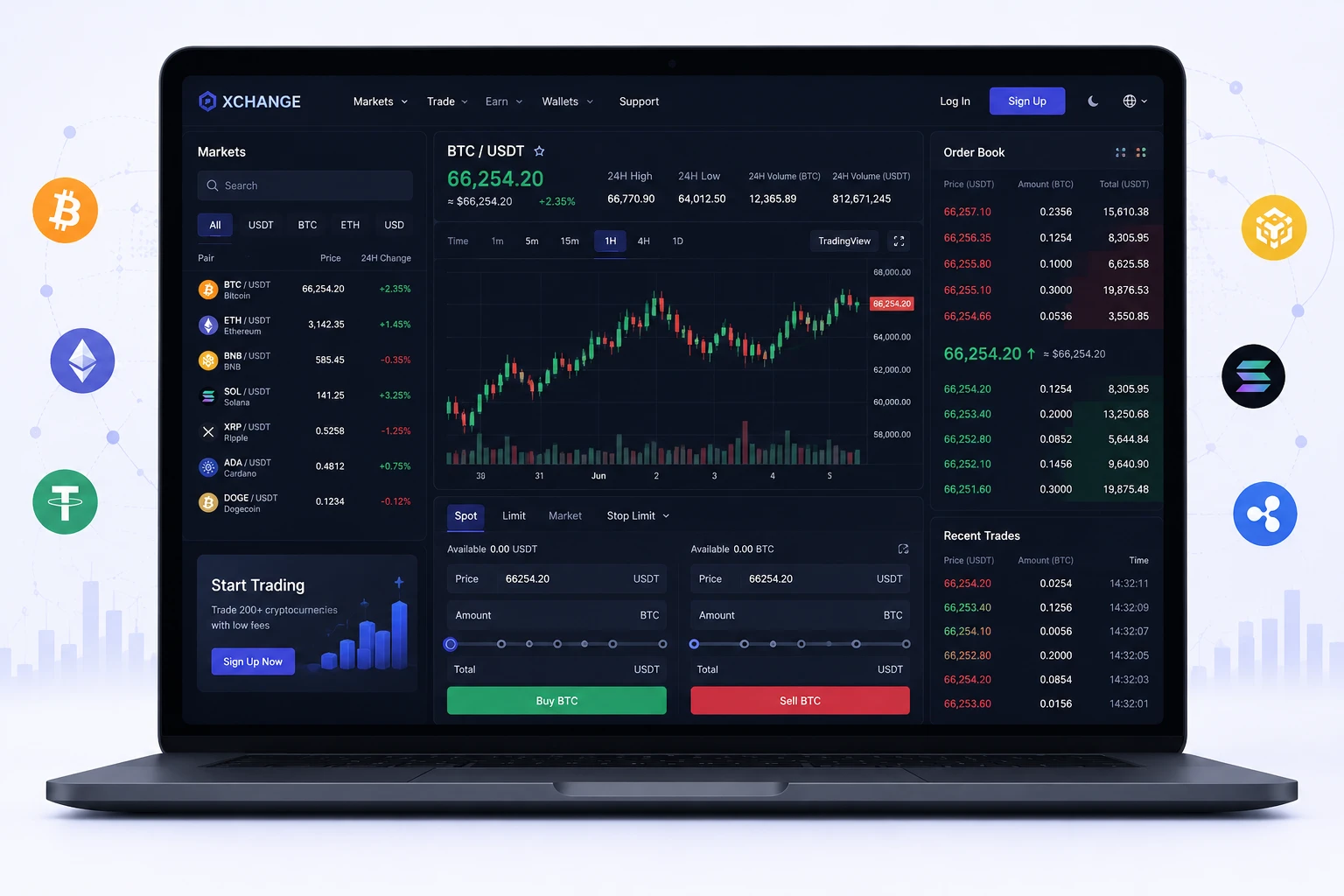 Cryptocurrency exchange trading platform interface