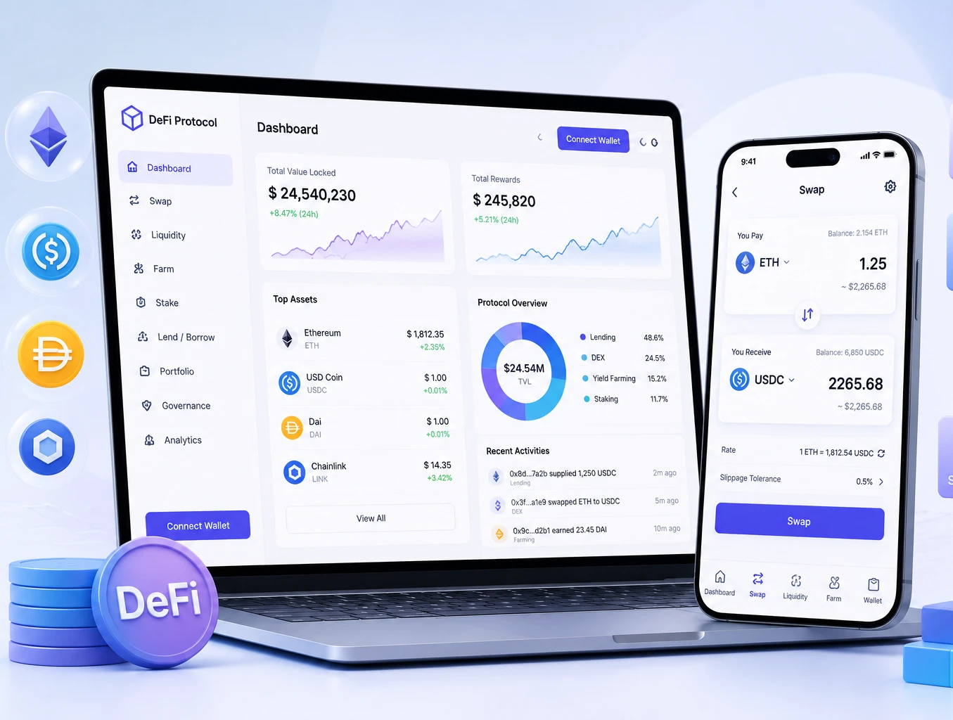 DeFi protocol dashboard on a laptop and phone showing total value locked, swap, lending, yield farming, and staking