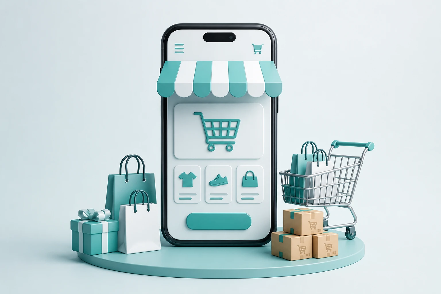 E-commerce app 3D illustration: a phone storefront with shopping cart and product categories, surrounded by shopping bags, gift box, delivery cart, and packages