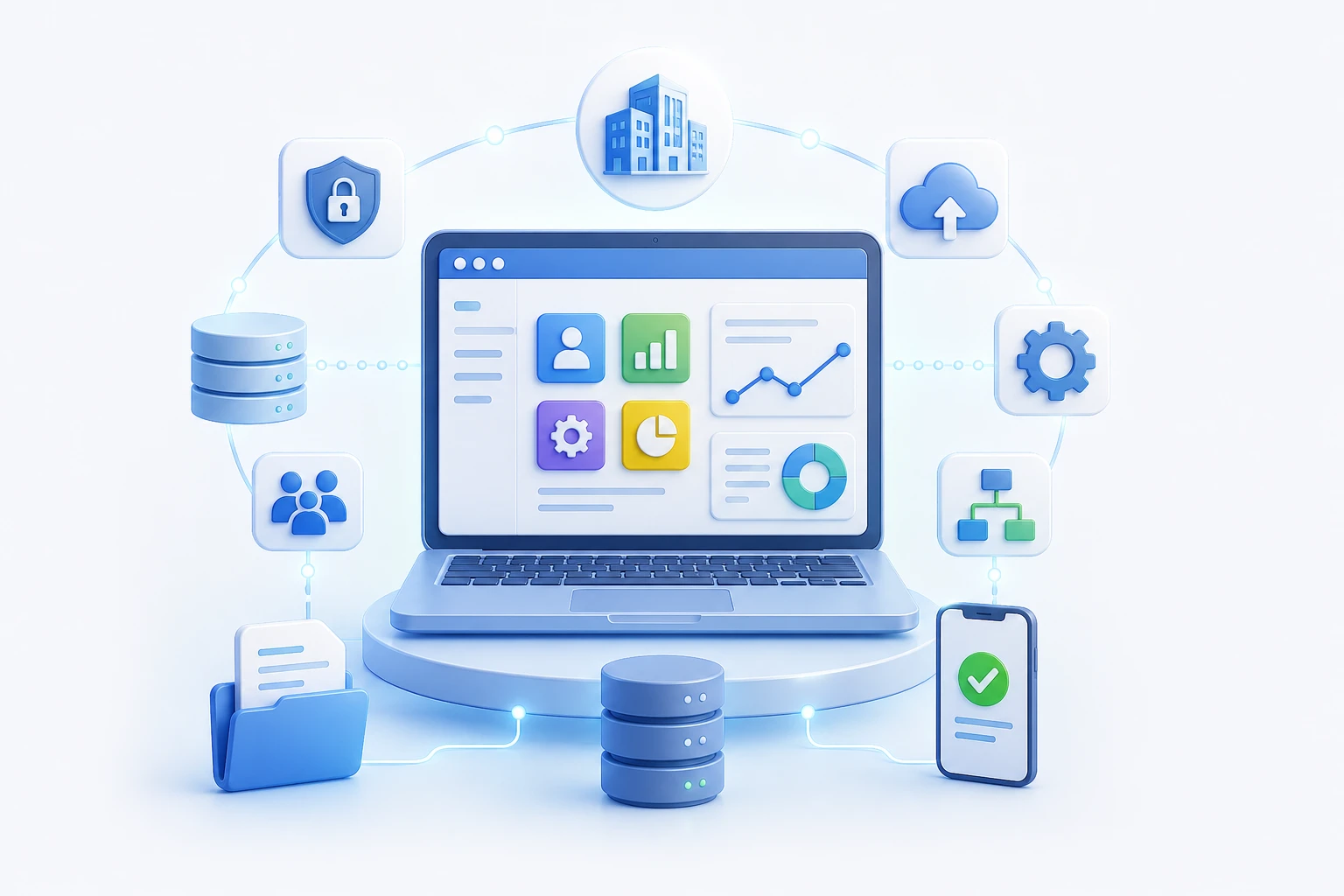 Enterprise application dashboard surrounded by security, cloud, data, workflow, and settings modules