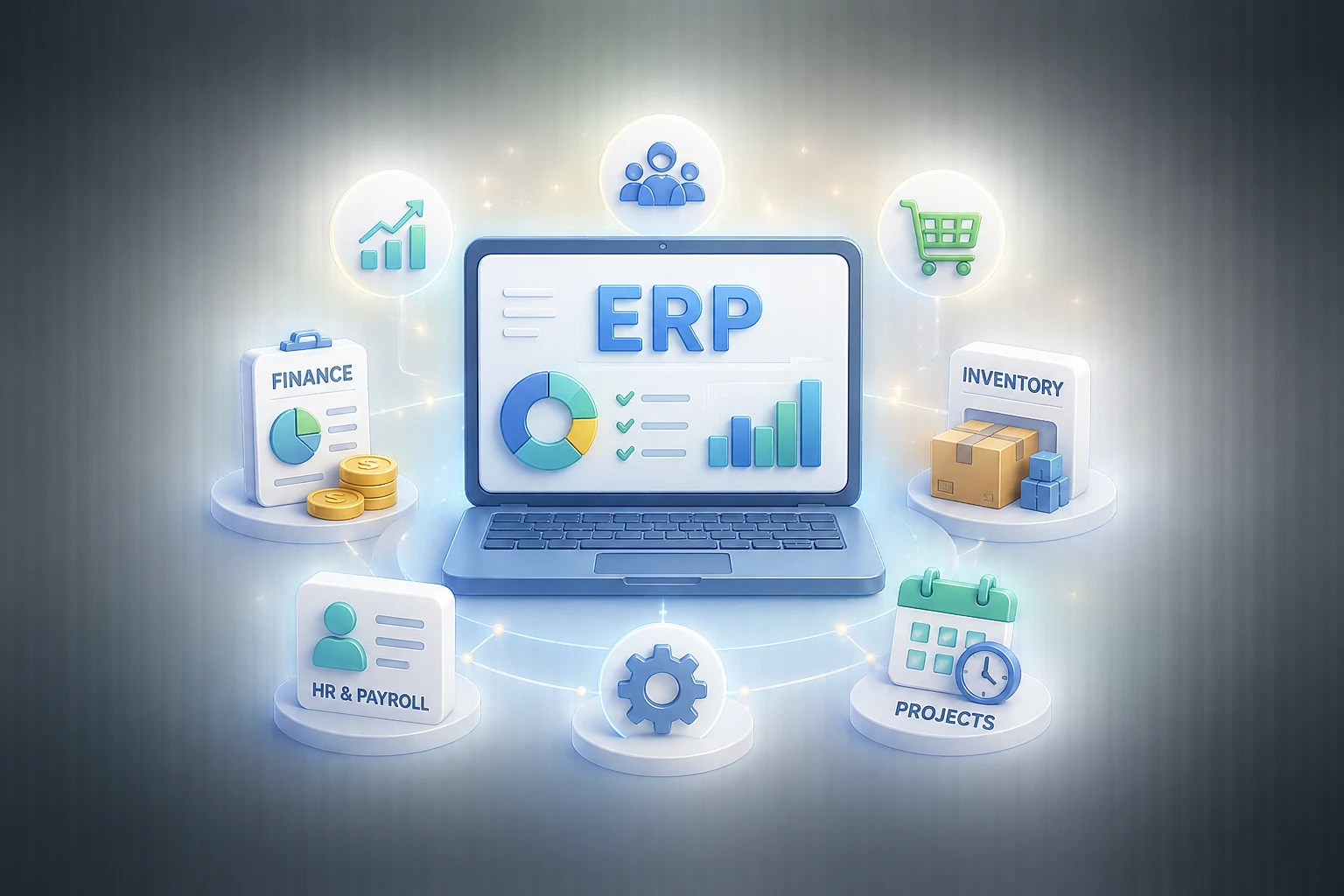 ERP software dashboard surrounded by finance, HR and payroll, inventory, and project management modules