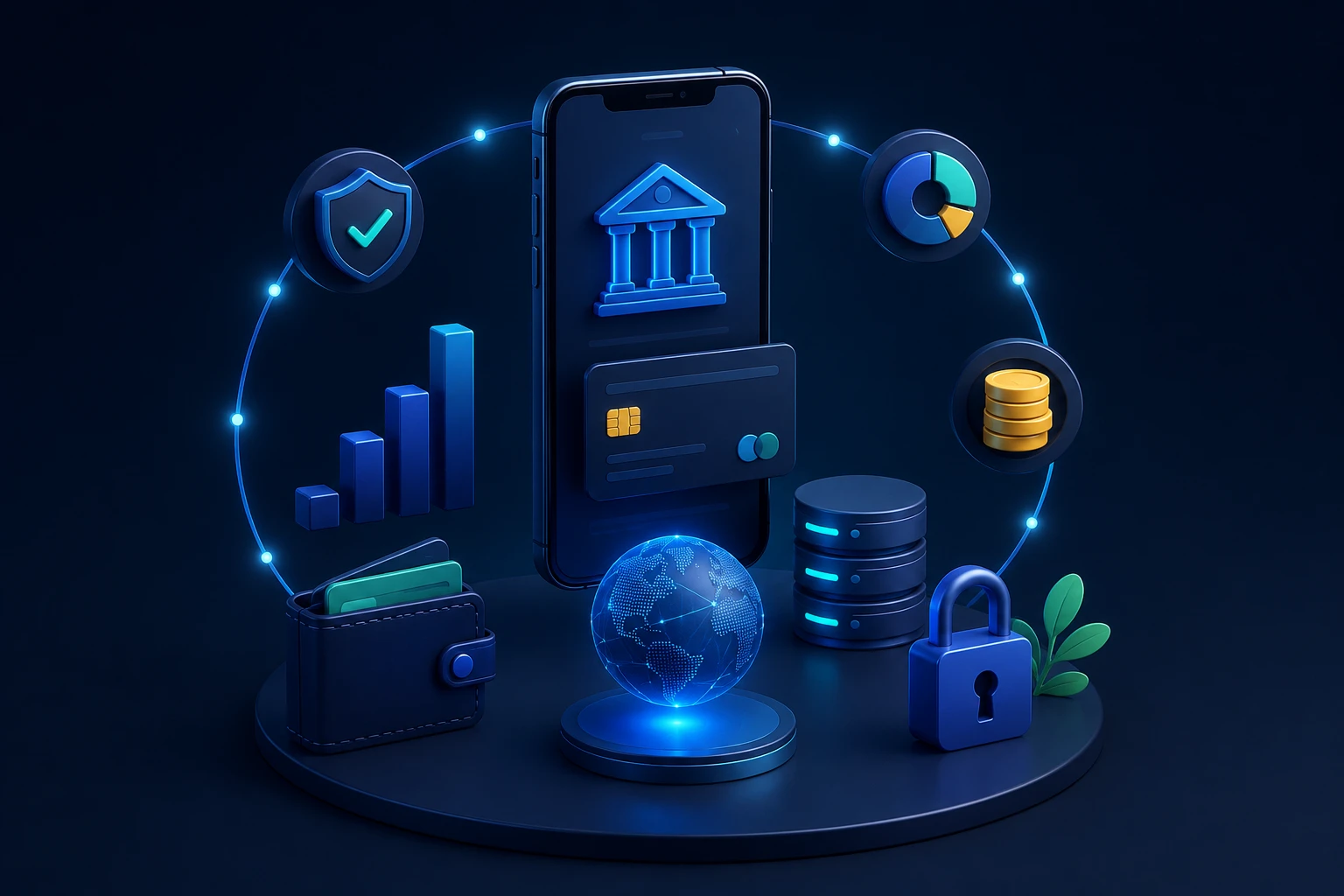 FinTech app 3D illustration with a banking phone screen, credit card, digital globe, security shield, analytics chart, wallet, server, and lock icons