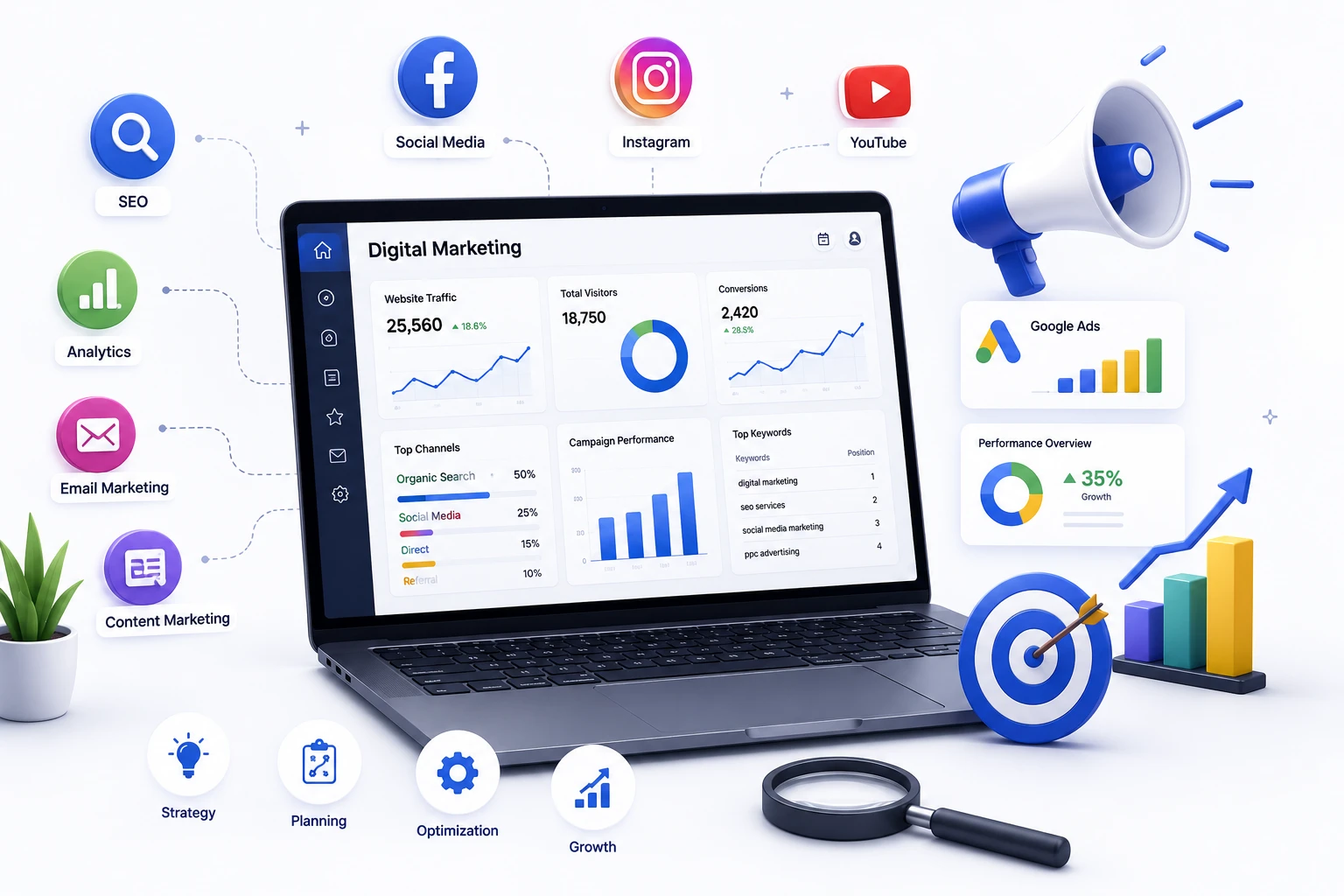 Digital marketing dashboard on a laptop with traffic, conversion, and campaign analytics, surrounded by SEO, social media, and email marketing icons