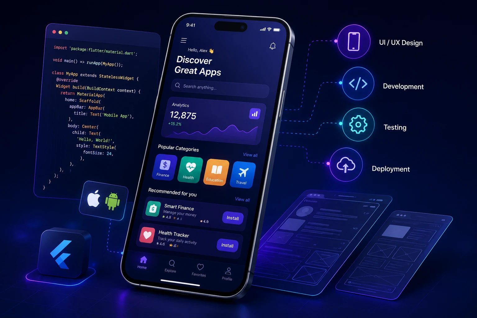 Mobile app UI on a phone with a code editor, Flutter/iOS/Android icons, and a UI/UX design-development-testing-deployment pipeline