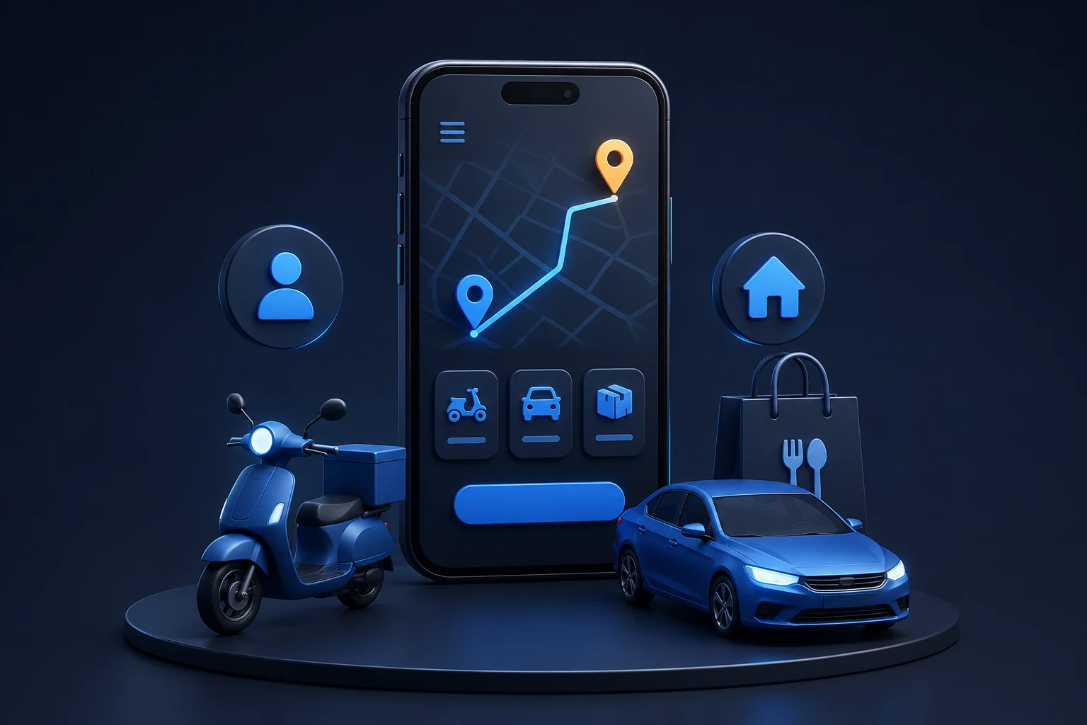 On-demand app 3D illustration: a phone with live map route tracking and ride/delivery options, surrounded by a delivery scooter, car, and food/grocery bag