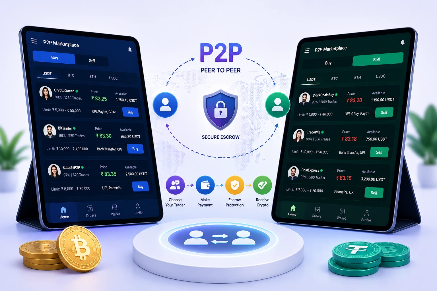 P2P peer-to-peer crypto marketplace apps with secure escrow, buy and sell trader listings