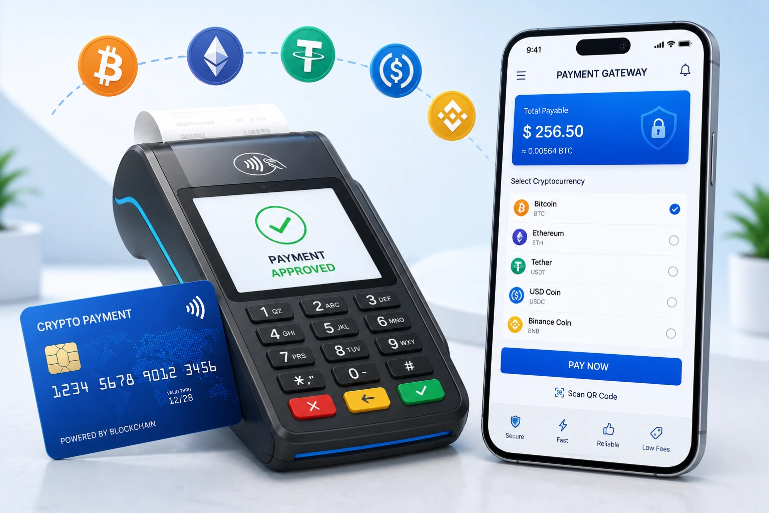 Crypto payment gateway: POS terminal showing payment approved, a crypto payment card, and a phone app to pay with Bitcoin, Ethereum, or other coins