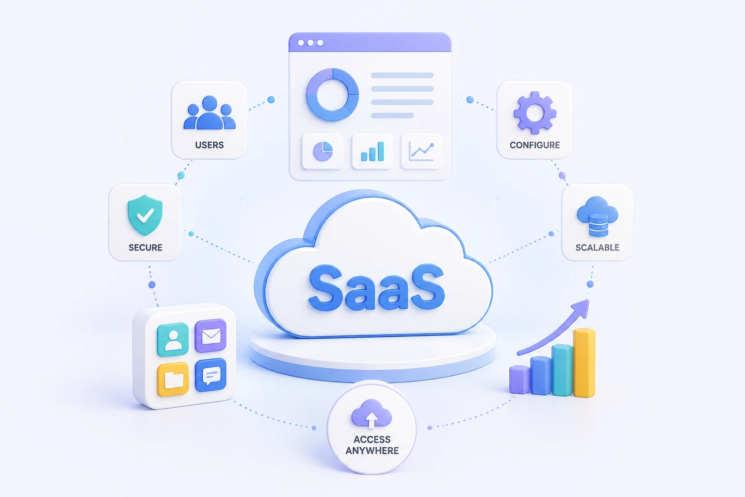 SaaS platform cloud surrounded by users, secure, configure, scalable, and access anywhere modules