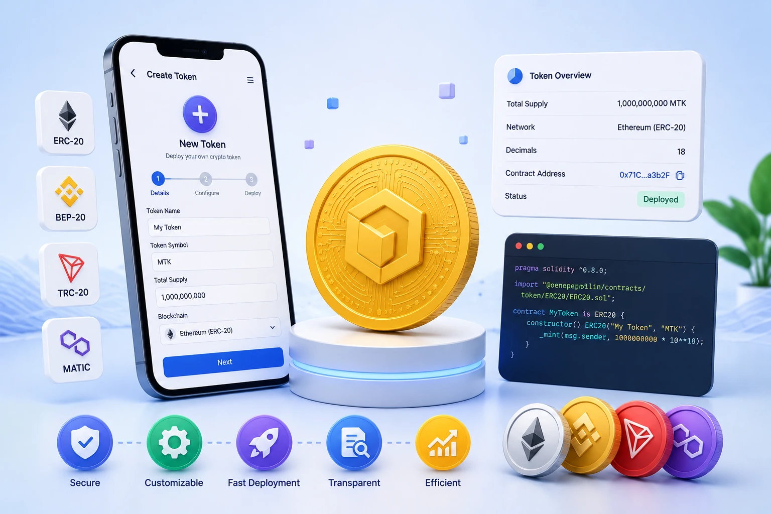 Custom crypto token creation app, token overview panel, and smart contract code for deploying an ERC-20 token