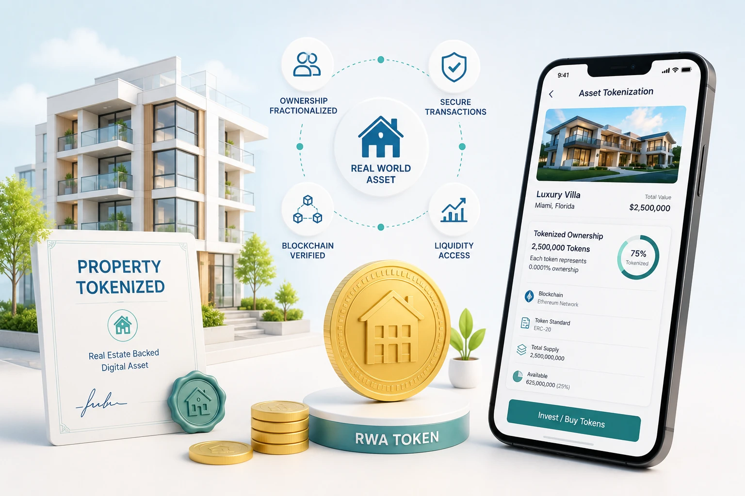 Real estate asset tokenization: a property token, ownership certificate, and phone app showing fractional tokenized ownership of a villa