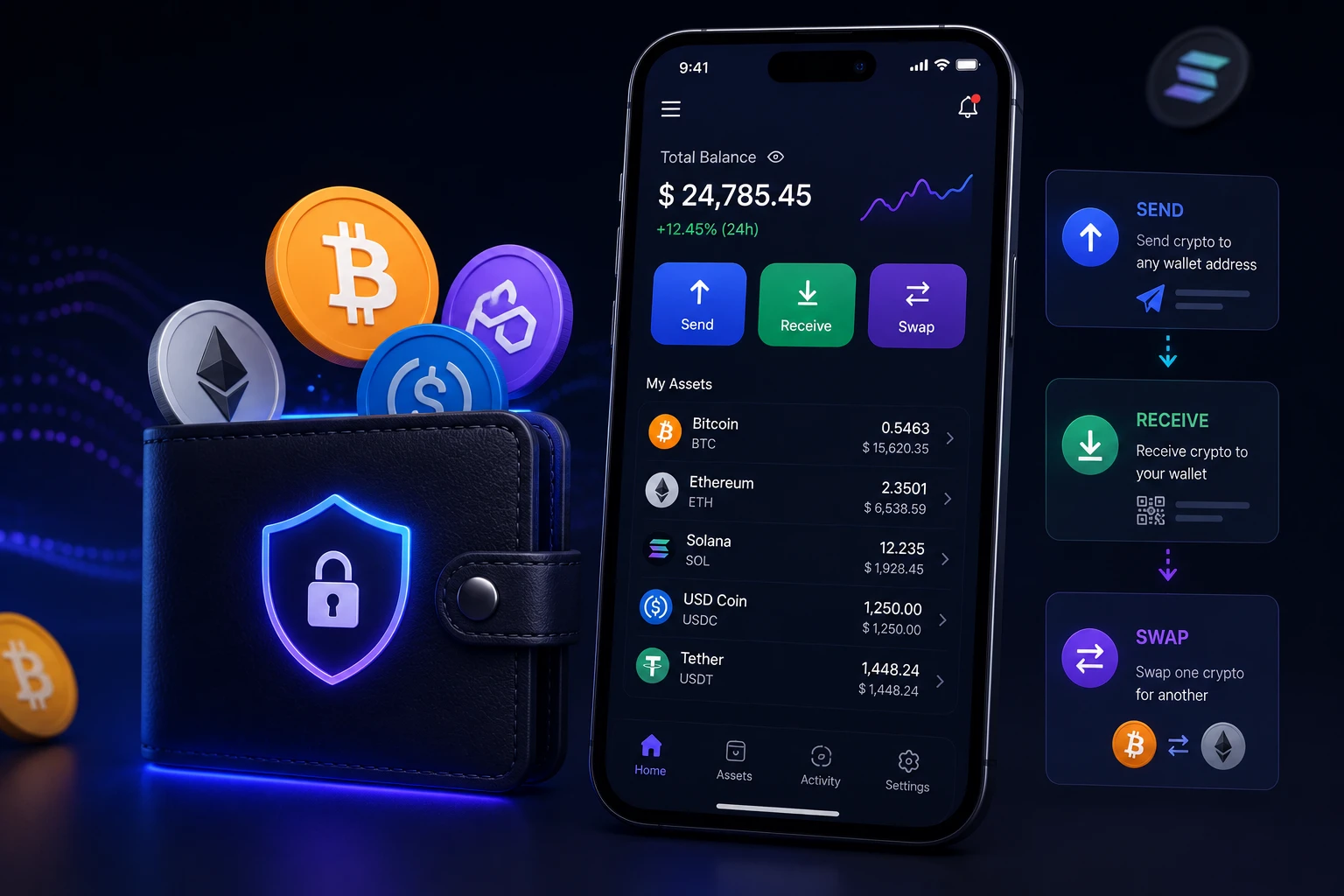 Crypto wallet app on a phone with send, receive, and swap options, next to a physical wallet with Bitcoin, Ethereum, and other coins