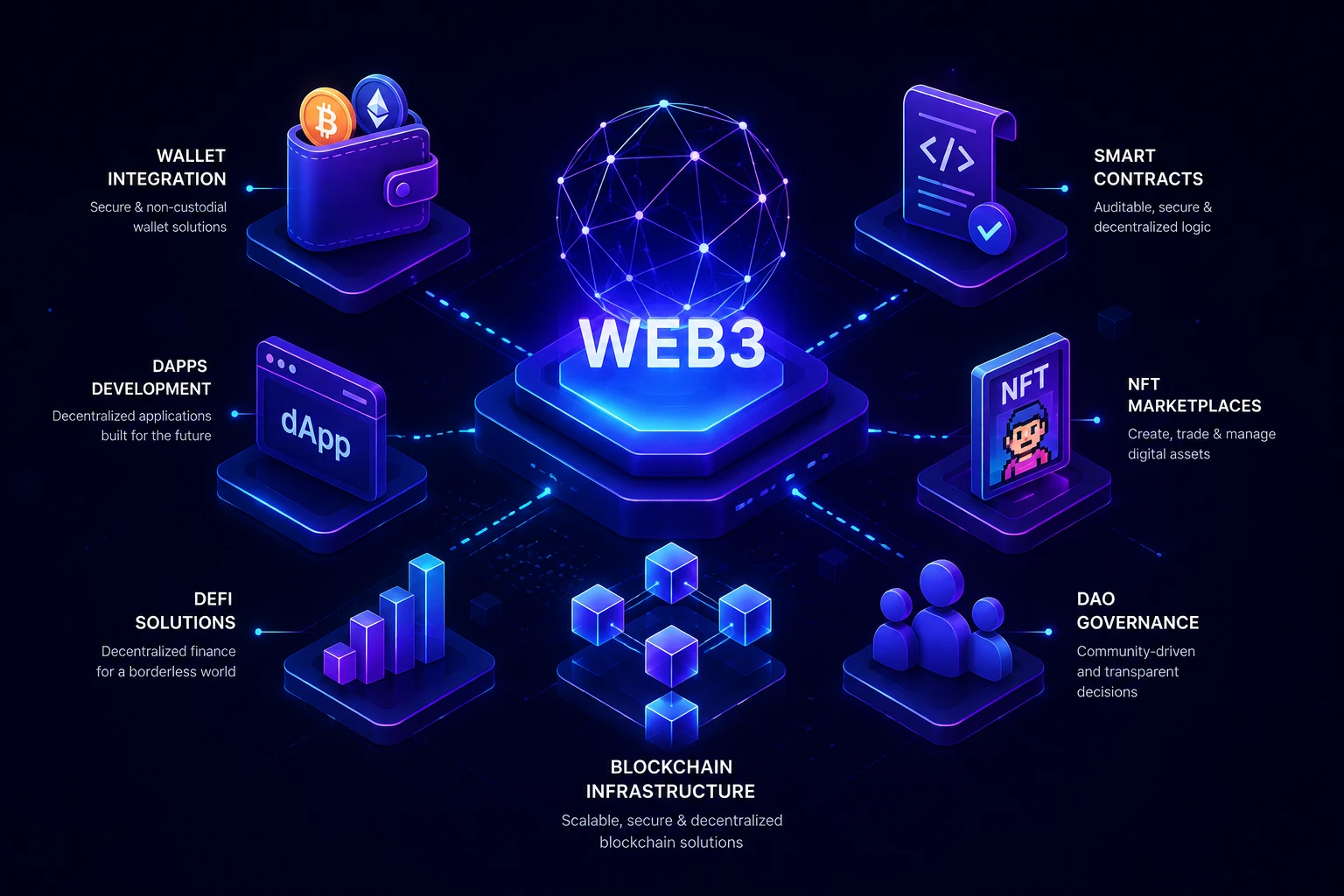 Web3 ecosystem diagram: wallet integration, dApps, DeFi, blockchain infrastructure, DAO governance, NFT marketplaces, and smart contracts