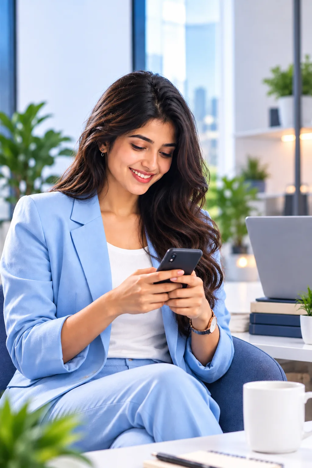 Smiling professional in a modern office checking her phone, ready to connect with Craitrix