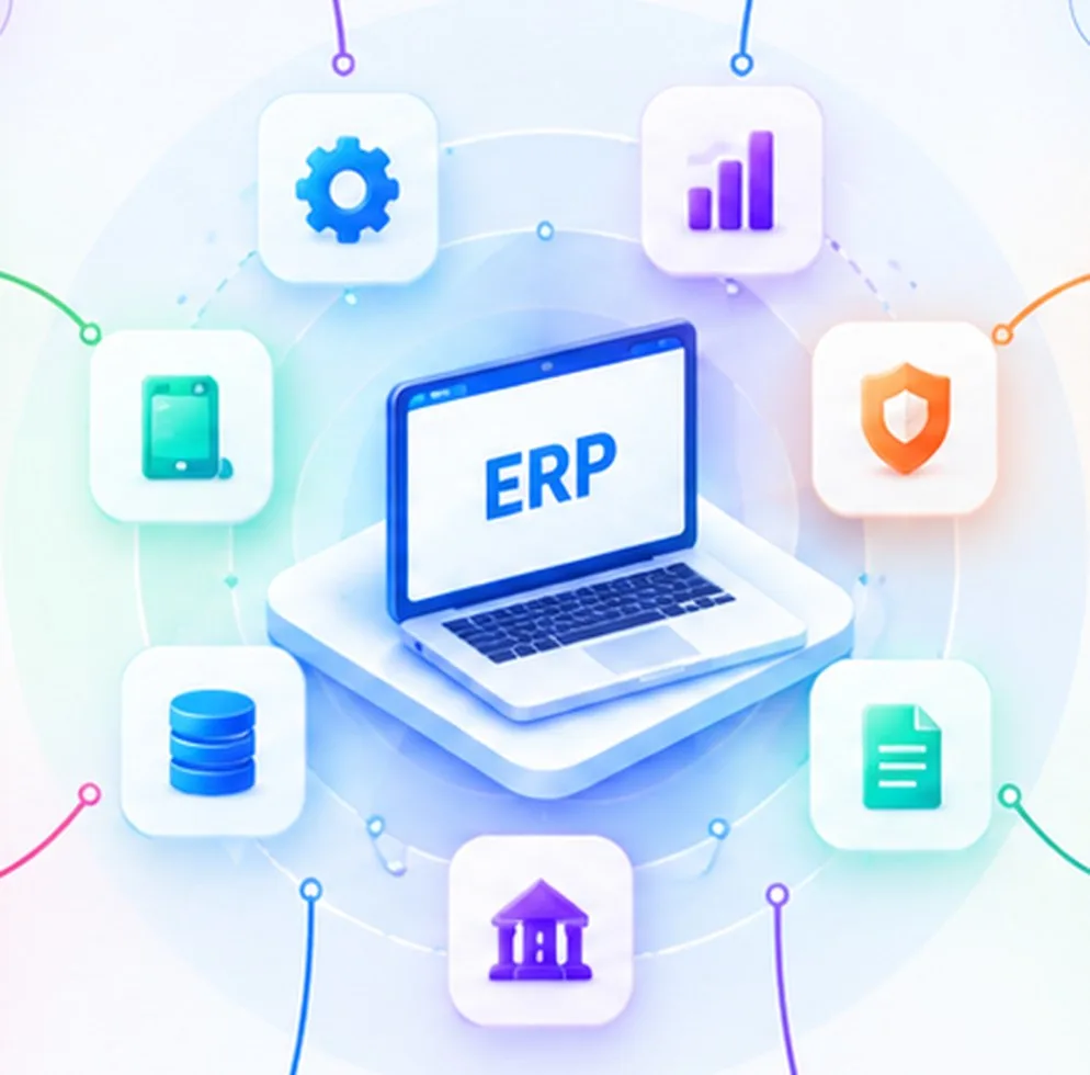 AI-powered ERP hub connecting analytics, forecasting, inventory, finance, automation and conversational dashboards