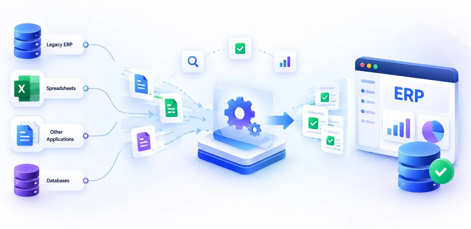 ERP data migration strategy: data from legacy ERP, spreadsheets, other applications and databases is assessed, validated and migrated into the new ERP platform