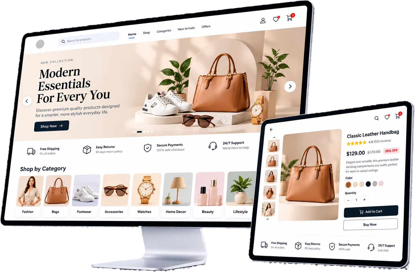 Custom ERP software shown on a desktop monitor and tablet: storefront, product catalog and product detail screens