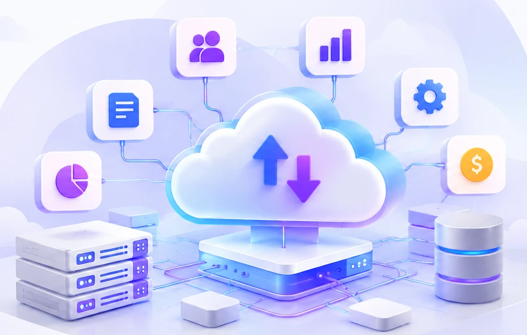 Cloud ERP infrastructure: a cloud hub syncing HR, reports, documents, analytics, settings and finance modules with servers and a database