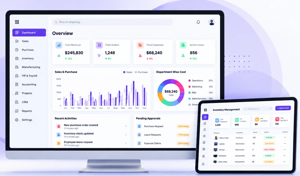 Custom ERP dashboard on a desktop and tablet: overview, sales and purchase, department-wise cost, pending approvals and inventory management