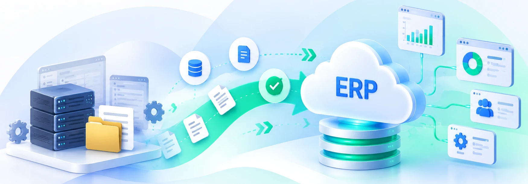ERP data migration: legacy servers, files and databases moving along a validated path into a cloud ERP with dashboards, reports, users and settings