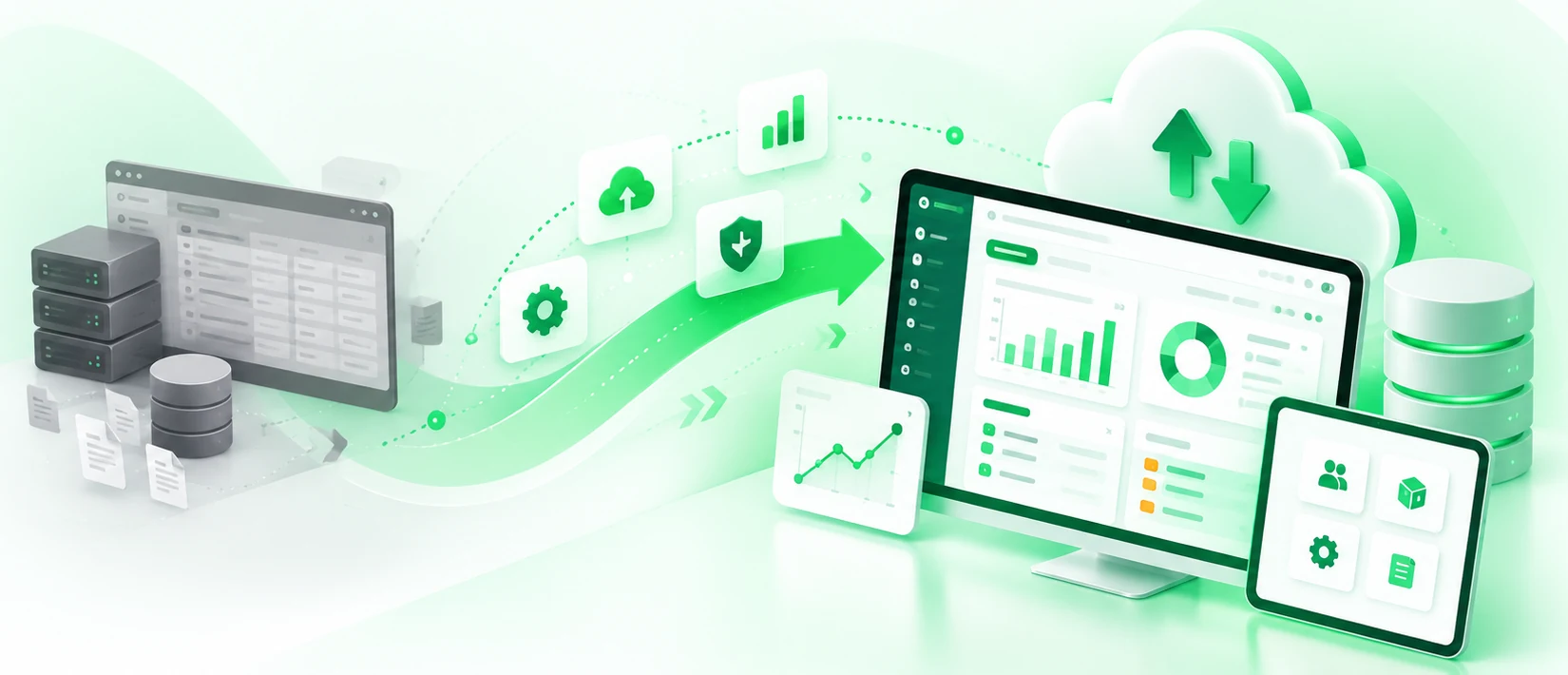 ERP modernization: legacy servers and spreadsheets migrating along a green path to a modern cloud ERP dashboard on desktop and tablet