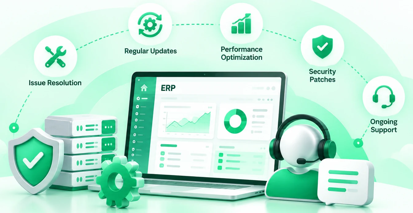 ERP support and maintenance: a laptop ERP dashboard with servers, a security shield and a support agent, surrounded by issue resolution, regular updates, performance optimization, security patches and ongoing support