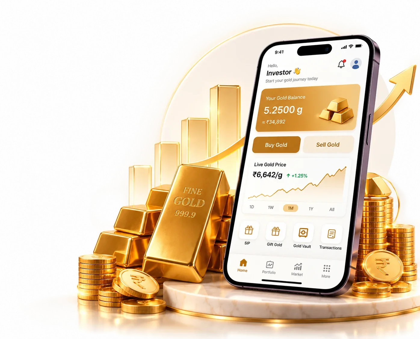 Digi gold investment app showing gold balance, buy and sell gold, live gold price chart, SIP, gift gold and gold vault, with gold bars and coins