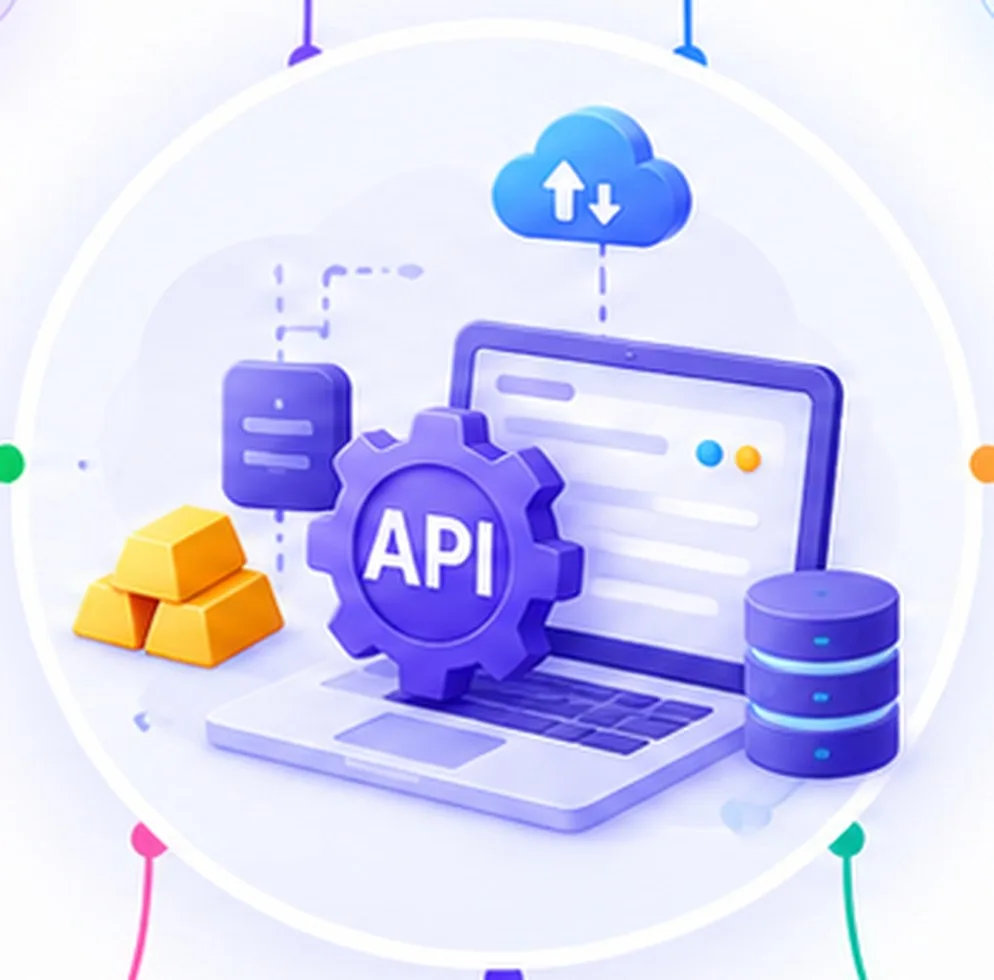 Digi gold platform hub connected to gold price, custody, payments, KYC, CRM/ERP, notifications and shipping