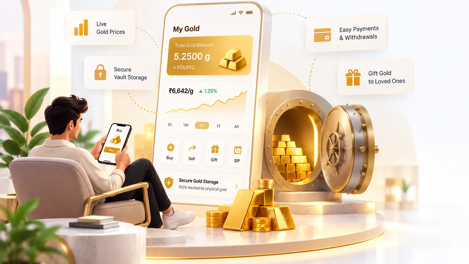 Custom digi gold app: a user buying gold on a phone, My Gold balance and live price dashboard, secure gold vault, live gold prices, easy payments and gift gold