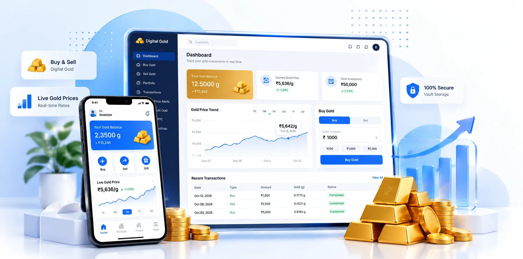 Digital gold platform: web dashboard with gold balance, price trend, buy gold and recent transactions, plus the mobile app, live gold prices and secure vault storage